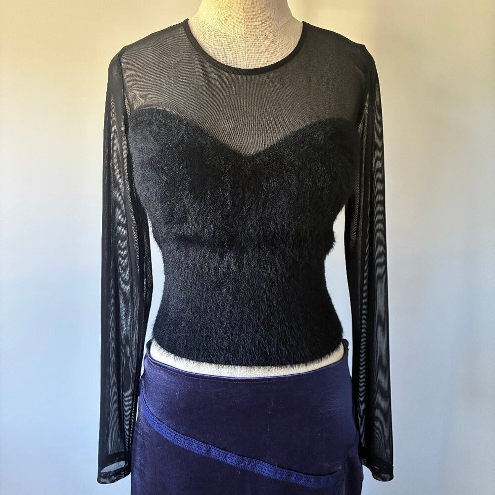 Le Lis Black Fluffy Bodice Sheer Women's Long Sleeve Top